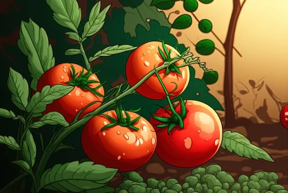 Captivating Tomato and Plant Artwork in Cartoon Realism Style