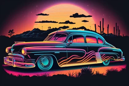 Captivating Classic Car on Desert Background at Sunset | Psychedelic Neon Design