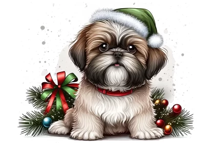 Christmas Dog Illustration - Detailed Shih Tzu with Holiday Style