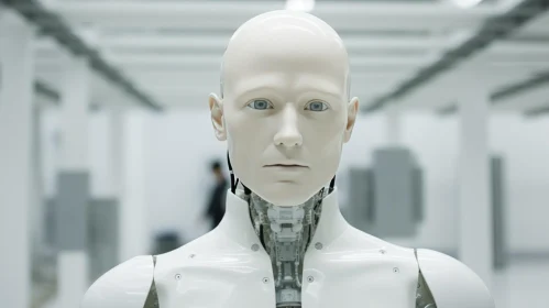 Blue-Eyed Humanoid Robot in White Room