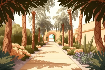 Entrancing Oasis: Vector Illustration of a Garden with Palm Trees