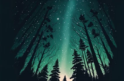 Nostalgic Illustration of Dark Snowy Forest with Purple Starry Sky