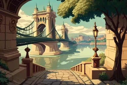 Beautiful Modern Painting of an Old Bridge in Art Nouveau Style