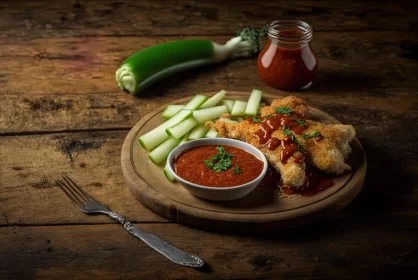 Delicious Spicy Chicken with Vegetables on a Wooden Plate