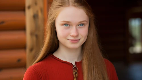Red-Haired Teenage Girl near Wooden House