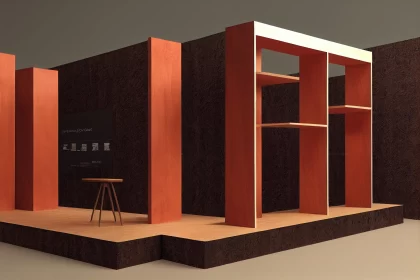 Sophisticated Woodblock-inspired 3D Booth Design with Light and Dark Colors
