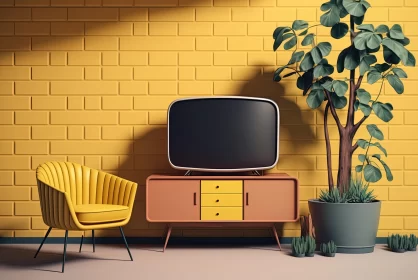Retro Futurism Living Room with Yellow TV, Chair, and Plant