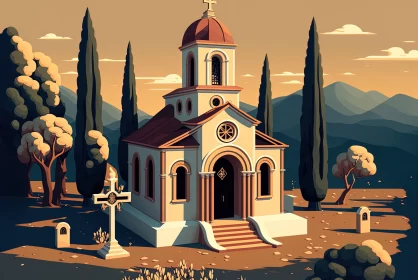 Cartoon Church in the Countryside: Earth Tone Palette, Greek Art