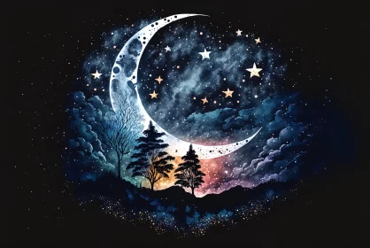 Ethereal Watercolor Landscape with Stars, Crescent, and Trees