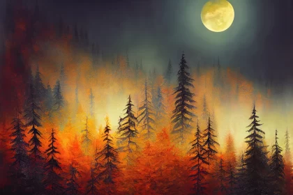 Dark Forest with Full Moon - Colorful Abstract Landscape