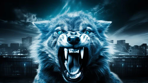 Blue and White Wolf Digital Painting on City Rooftop