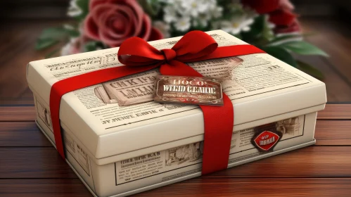 Vintage Wedding Box with Red Ribbon on Wooden Table