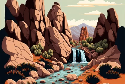 Captivating Waterfall in Desert Illustration | Vibrant Colors