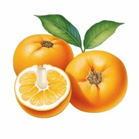 Detailed Botanical Illustrations of Three Oranges on White Background