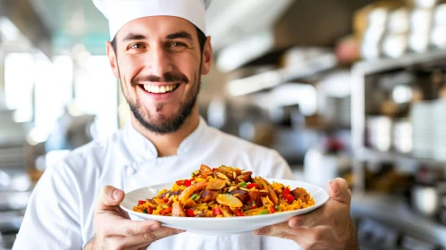 Delicious Paella: Chef with Plate of Rice, Seafood, Chicken, and Vegetables