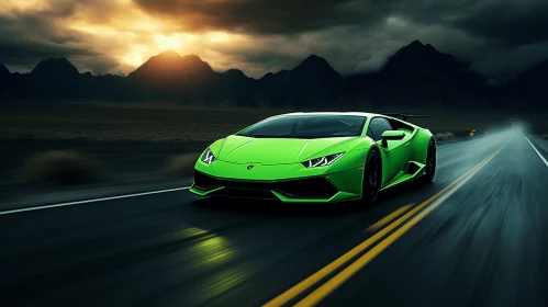 Green Sports Car Driving on Fast Road in a Rainy Night