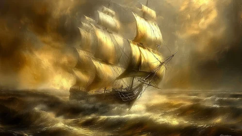 Sailing Ship on Rough Sea Painting