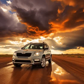 Captivating SUV Parked on Dirt Road Under Stormy Sky | Unique Art Deco-Inspired Style
