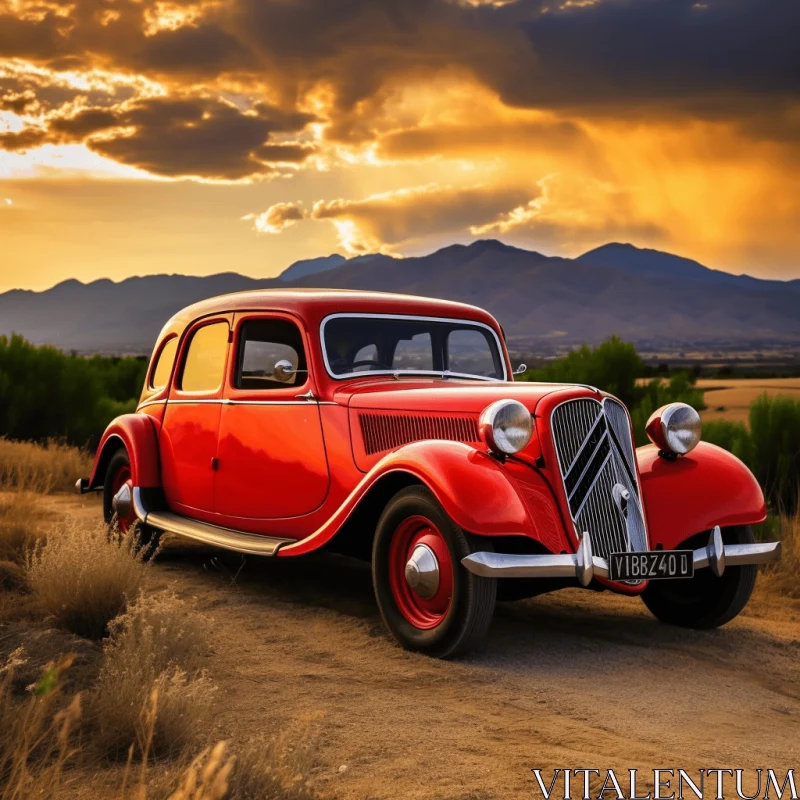 Captivating Image of an Old Red Car on a Rustic Dirt Road