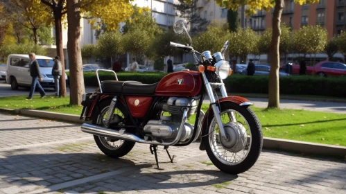 Captivating Red Motorbike in Residential Area | Realistic Color Palette