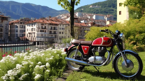 Red and Black Motorbike by the Lake | Tranquil Transport Art
