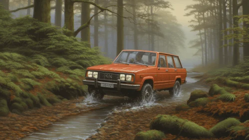 Rusty Red SUV Driving through Misty Woods - Hyper-Realistic Art