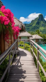 Emerald Paradise: Bora Bora Resort Amidst Flowering Shrubs