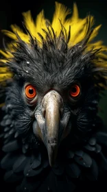 Manticore-Inspired Bird with Yellow Eyes in Surrealistic Jungle