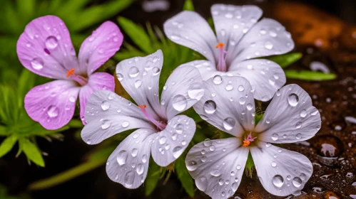Monochromatic Harmony: Rain-kissed Flowers Amidst Greenery