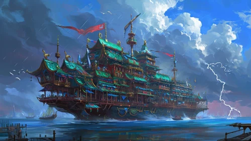 Chinese Junk Ship in Stormy Sea - Digital Art