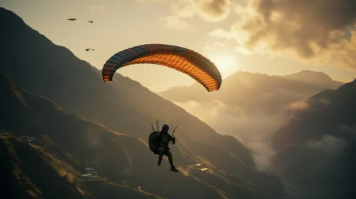 Paraglider Flying Over Majestic Mountain Range at Sunset
