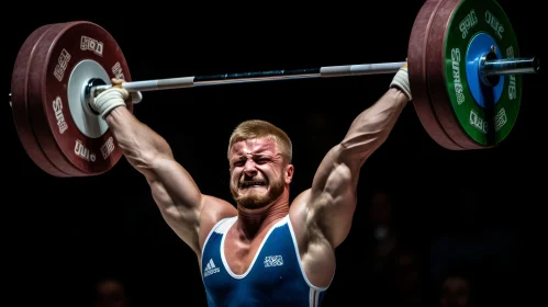 Intense Male Weightlifter Lifting Barbell in Blue Singlet