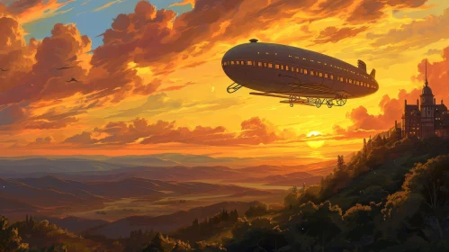Steampunk Airship Flying Over Valley at Sunset