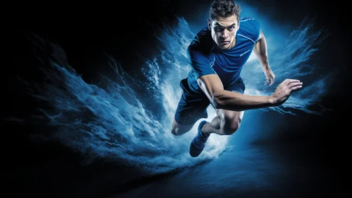 Dynamic Athlete in Blue Sportswear Running