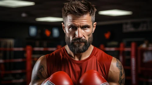 Intense Boxing: Determined Boxer in Red Gloves