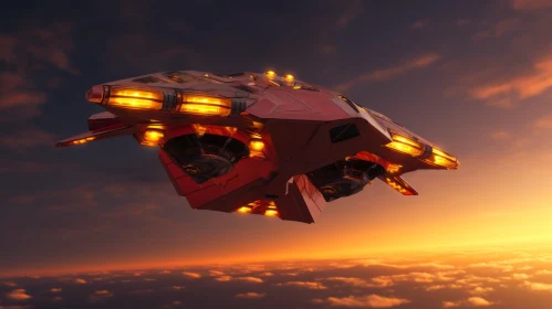 Red Spaceship Flying in Sky at Sunset