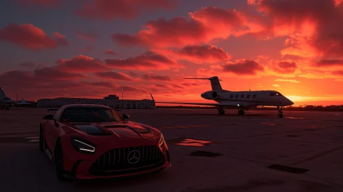 Red Mercedes-AMG GT R on Airport Runway at Sunset