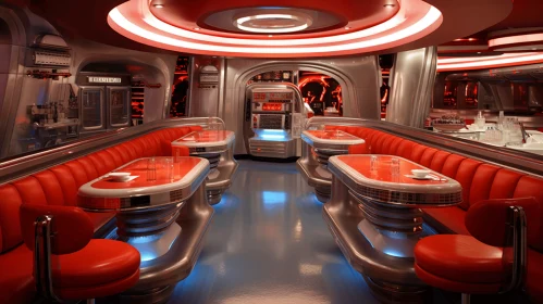 Futuristic Retro Style Interior with Red Seating | Spacecraft Design