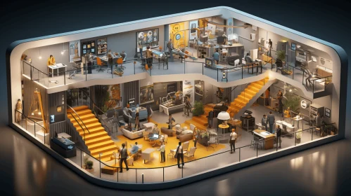 Captivating 3D Illustration of a Library with People | Dark Gray and Light Amber