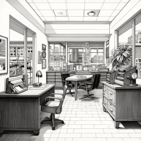 Captivating Black and White Sketch of an Office - Detailed Comic Art