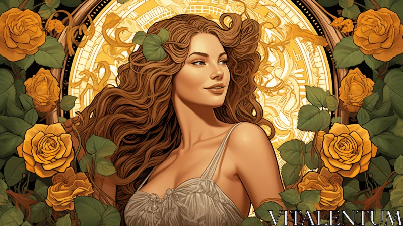 Enchanting Woman in Golden Frame Surrounded by Roses | Nature-Inspired Art Nouveau