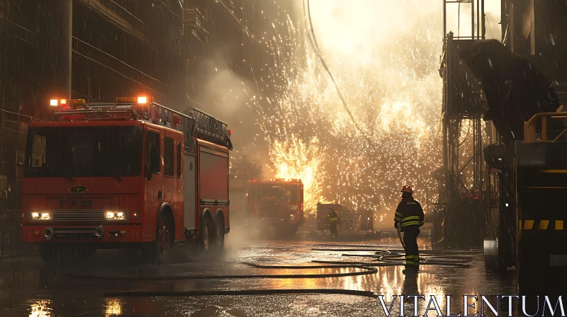 Industrial Fire Scene with Firefighters During Rain