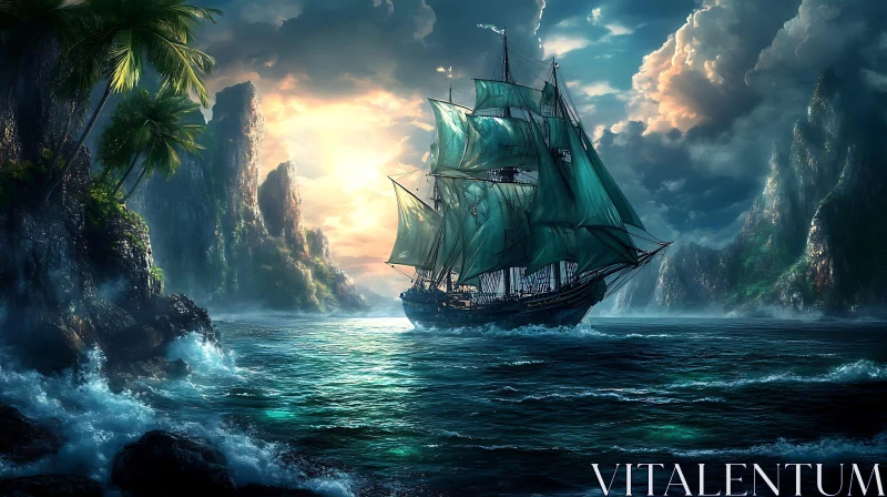 Sailing Ship Amidst Tropical Island