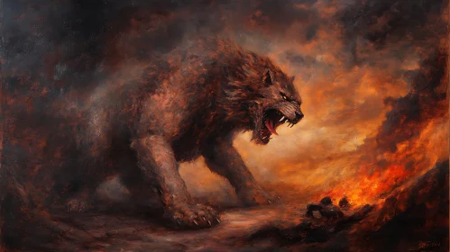 Ferocious Beast in Fiery Landscape