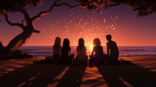 Captivating Sunset Scene: Friends Enjoying a Serene Beach Moment