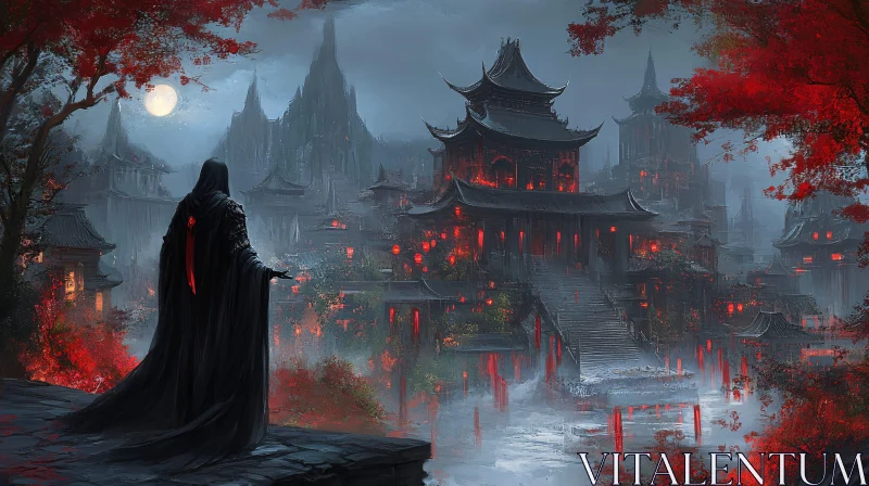 Cloaked Figure Overlooking Ancient City