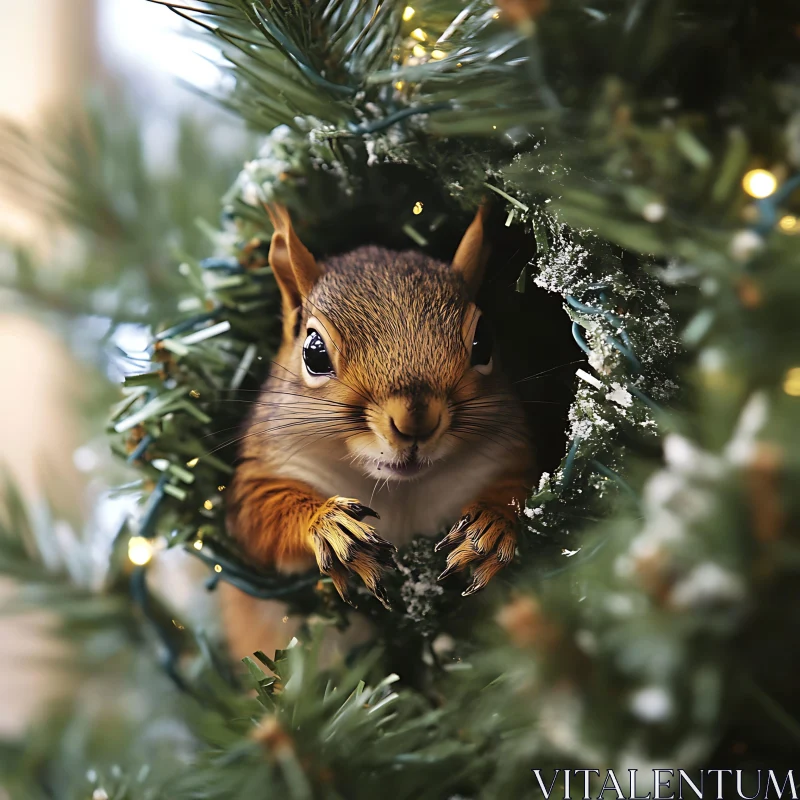 Festive Squirrel Peeking from Greenery
