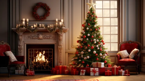 Festive Christmas Tree by a Fireplace in a Cozy Home