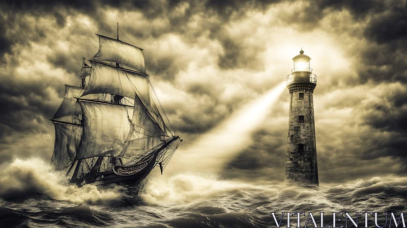 Old Ship Sailing Near Lighthouse on Storm