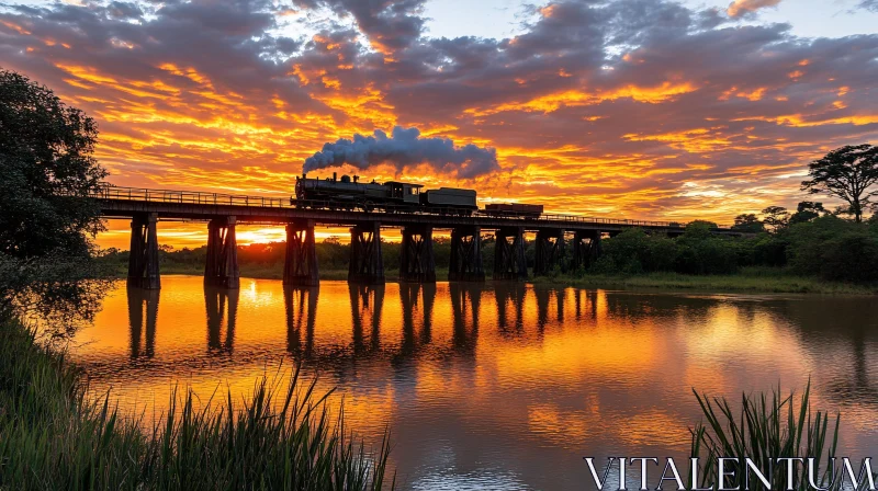 Sunset Train Journey Over River